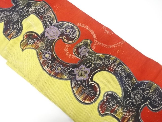  アンティーク　唐草に花模様刺繍名古屋帯